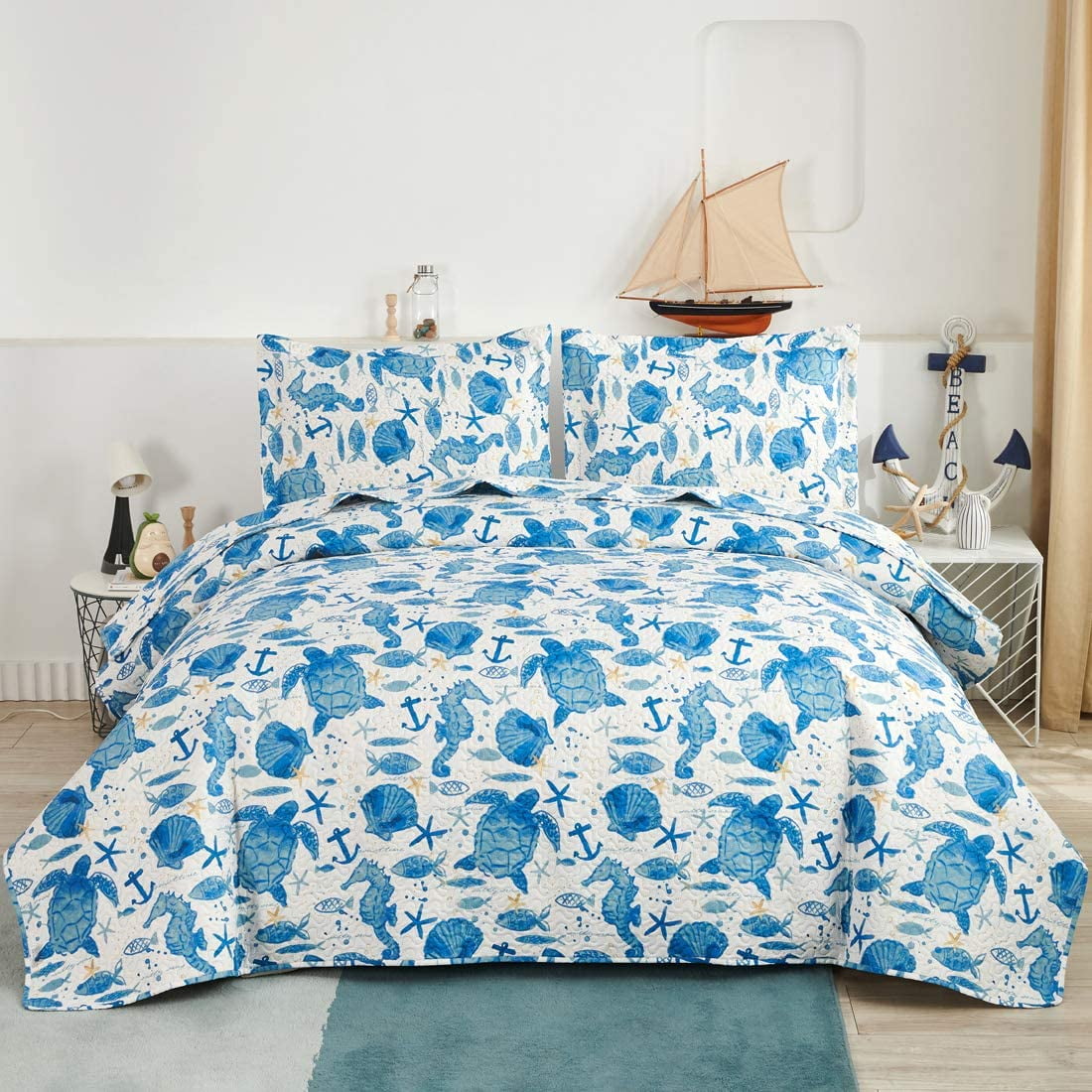 Jessy Home Ocean Quilt Twin Size Blue Turtle Bedding Microfiber ...