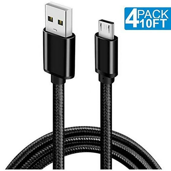 epacks USB Cable Android Charger, 10FT/3M Nylon Braided Tangle-Free Micro USB Fast Charging &Sync Cord for Samsung, Kindle, HTC, Nexus, LG, Xbox, PS4, Smartphones & More (4-Pack, Black)