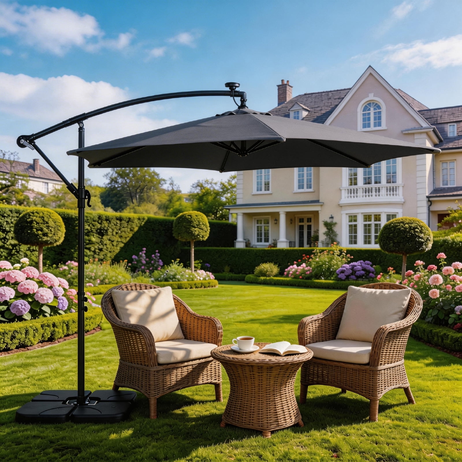 10FT Round Banana Patio Umbrella with LED Lights - Waterproof Polyester Canopy, 6 Iron Ribs, Cross Base & LED Lighting for Outdoor Shading