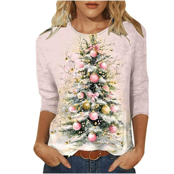 MaFYtyTPR Christmas Clothes for Women Fashion Women's Casual Christmas Tree Printed Round Neck 3/4 Sleeve T-shirt Pink S