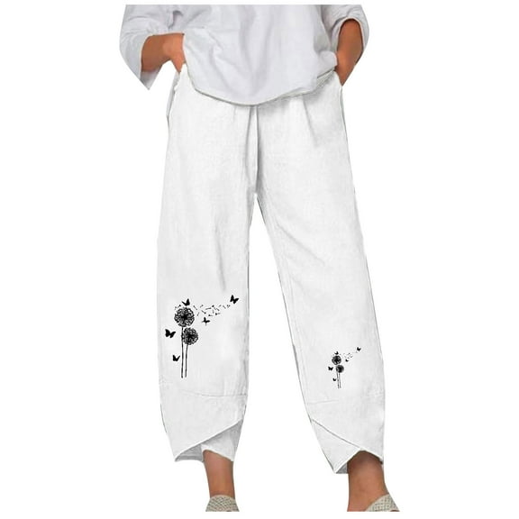 Womens Floral Print Linen Pants Cropped Cross Bottom Wide Leg Loose Elastic Waist Casual Summer Beach Trousers (X-Large, White)