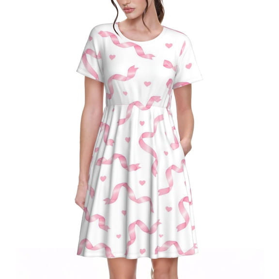 Pink Ribbon Heart Dresses Short Sleeve Nightdresses for Women
