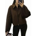 thumbnail image 2 of Women Cropped Wool Jacket Warm Winter Fleece Jacket Zip Up Short Pea Coats with Pockets Brown S, 2 of 9