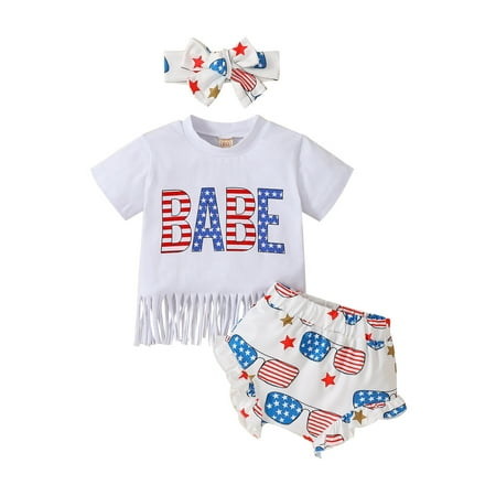 

Toddler Girls Outfits Short Sleeve Independence Day 4 Of July Letter Printed Tassels T Shirt Tops Shorts Headbands Outfits