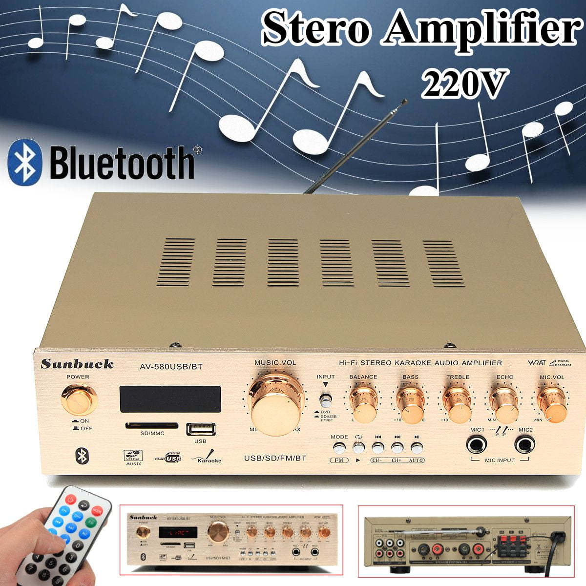 1200W h Stereo Amplifier Digital Tuner 5 Channel FM USB SD Mic