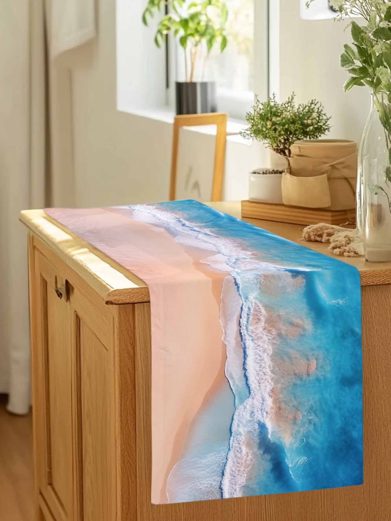 Abstract Ocean Coastal Beach Table Runner 90 Inches Long, Summer Blue White Sea Wave Painting Table Runners Tabletop Scarf Kitchen Dining Tables Decoration for Home Party Indoor Outdoor