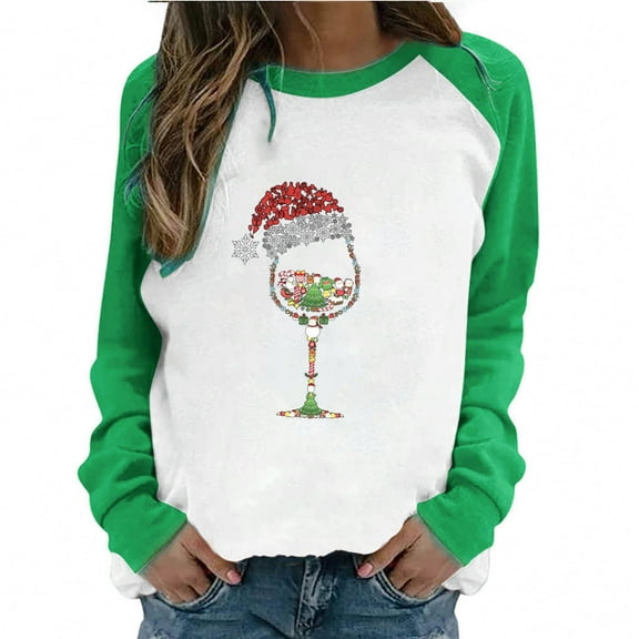 Honeeladyy Women's Spring Patchwork Christmas Printed Long Sleeves Round Neck Casual Tee Tops