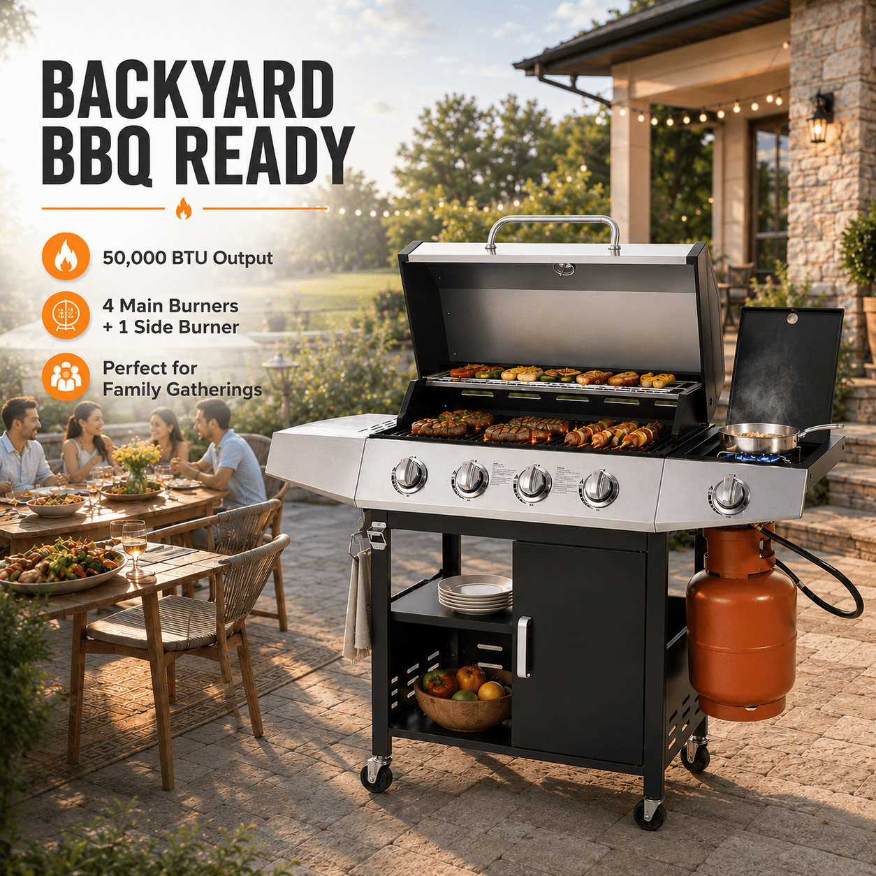Seizeen 4 Burner Gas Grill with Side Burner, 50,000 BTU Stainless Steel BBQ Grill with Side Shelf, Tank Hook, Towel Rack & Bottle Opener, Outdoor Patio Propane Grill for Backyard, Camping