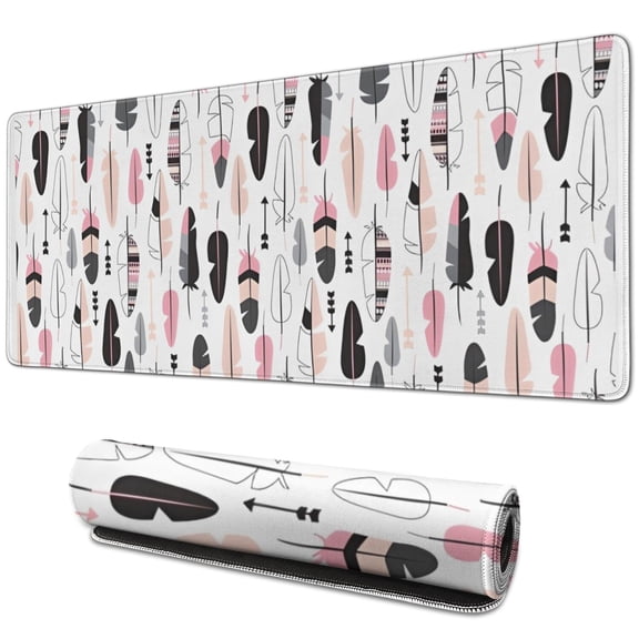 Long Mouse Pads for Desk,Pink Black Geometric Feather and Arrow Desk Mats on Top Of Desks, Desk Mouse Pad Extra Large with 3mm Non-Slip Base and Stitched Edge for Gaming,Work,Home 31.5"x11.8"