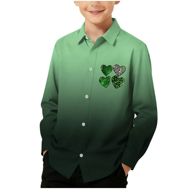 RXMEKW Chemise à Manches Longues Imprimée pour la Saint-Patrick pour Garçons avec Col Rabattu, 95 % Coton 5 % Spandex, Vert