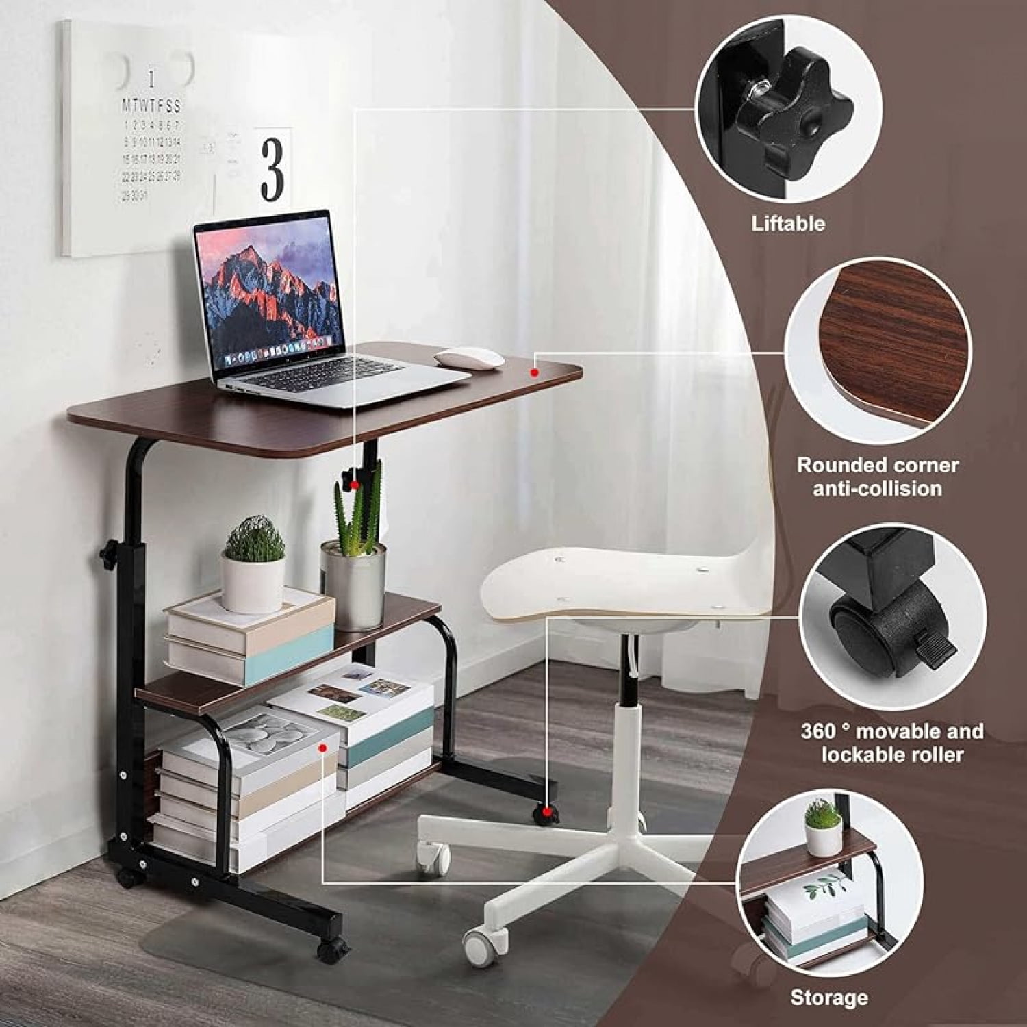 Adjustable Height Mobile Computer Desk for Small Space Rolling Writing with Wheels Corner Home Office Study Portable Bedrooms Work Desk Standing Desk