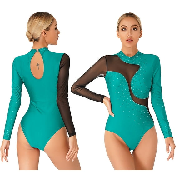 inhzoy Rhinestones Gymnastics Leotard for Women Mesh Splice Ballet Dance Bodysuit Figure Ice Skating Dance Costume Green XL