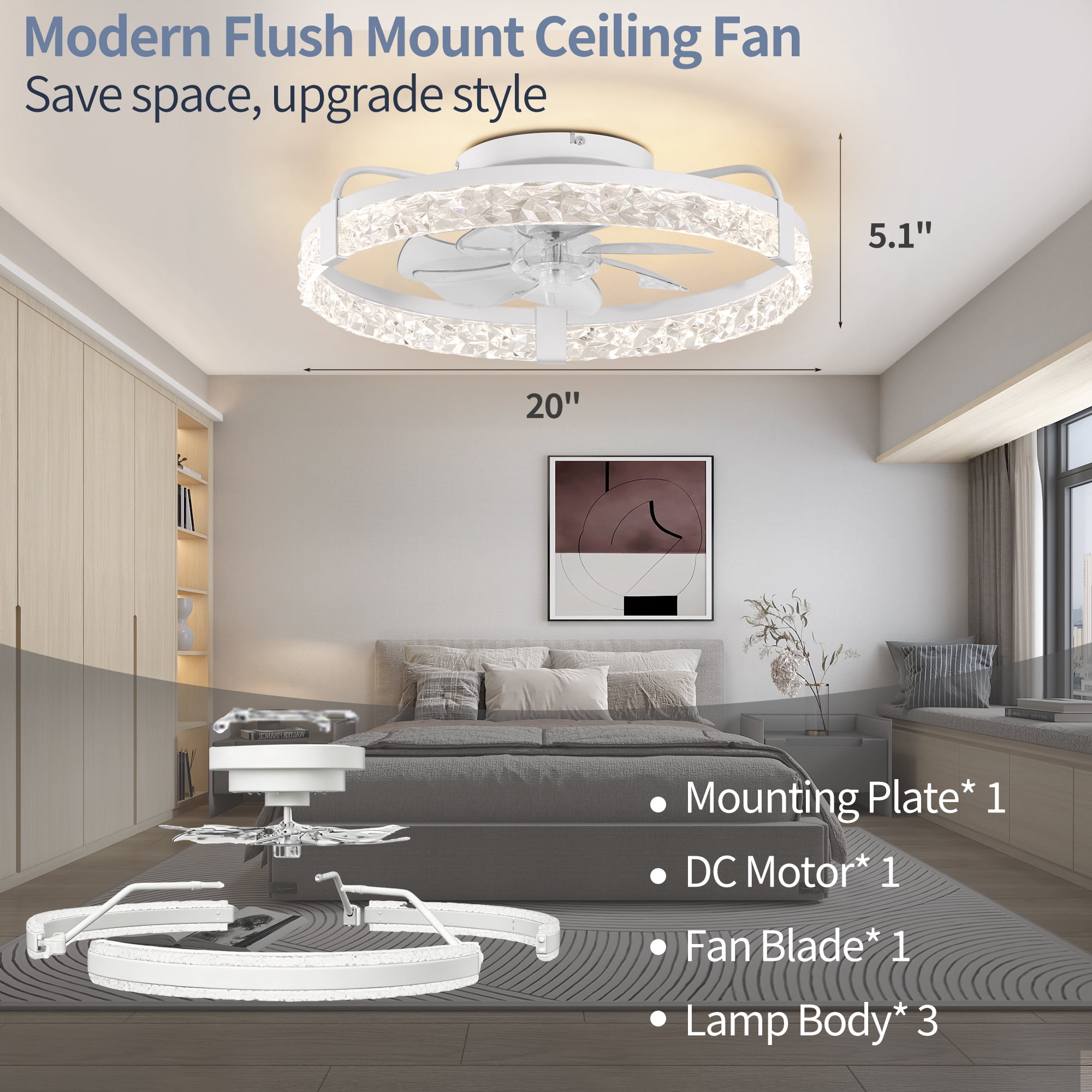 SUNBEAK 20" Ceiling Fan with Light and Remote Control,Modern Low Profile Ceiling Fan,Dimmable Flush Mount Ceiling Fan with Light,LED Bladeless White Ceiling Fan for Bedrooom,Living Room
