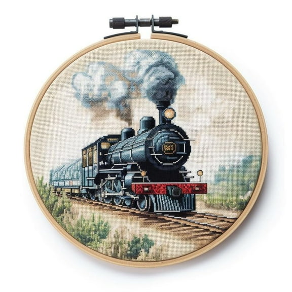 Steam Train Starter Easy Cross Stitch Kits Color Stamped Embroidery Kits DIY 11CT Stamped Patterns Embroidery Needlework Kit Supplies 12 Inch Hoop Included(et-192)