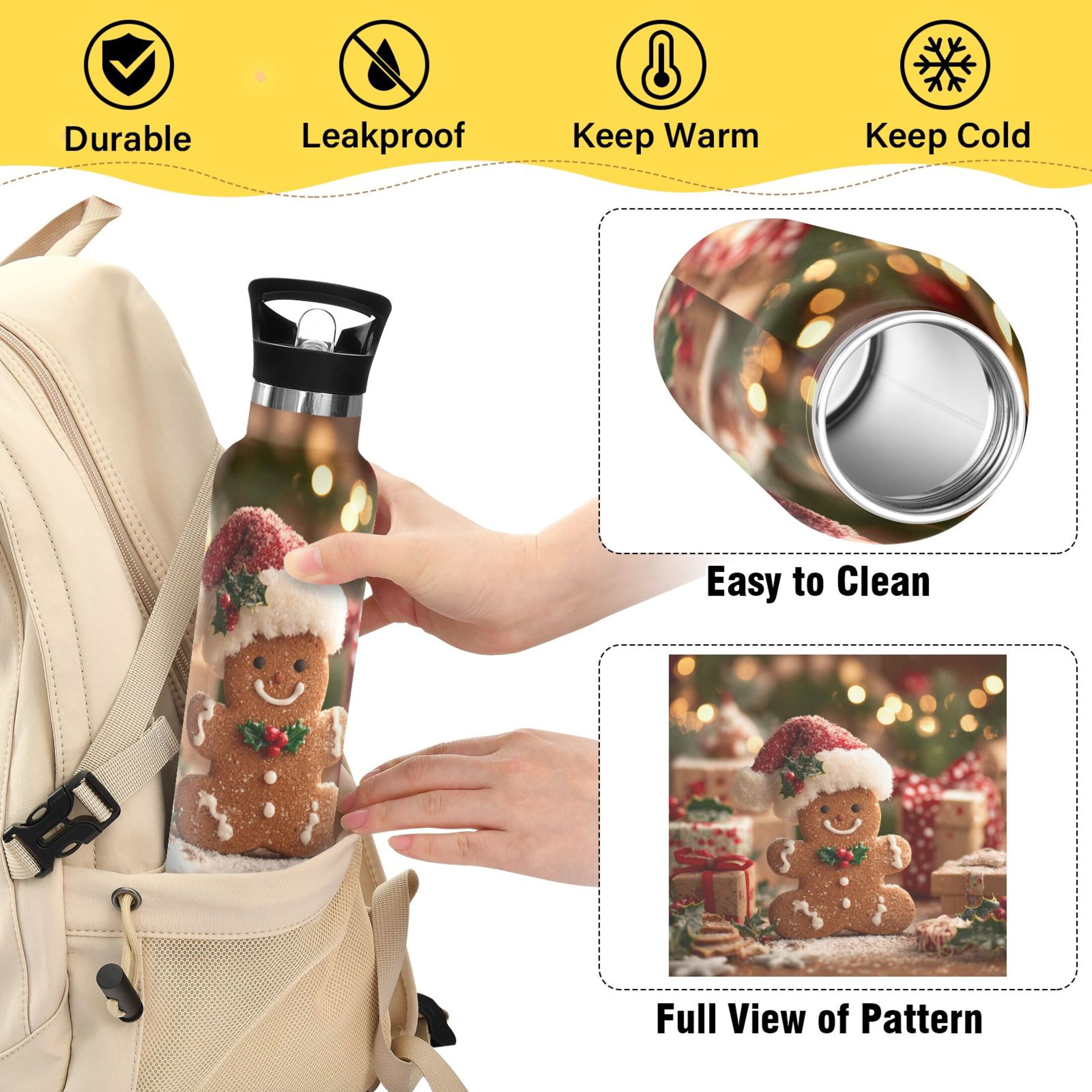 600ML Stainless Steel Insulated Cup Sports Water Bottle Portable Thermos Cup Water Glasses Insulated Tumblers Convenient and Durable Warm Cute Gingerbread Man