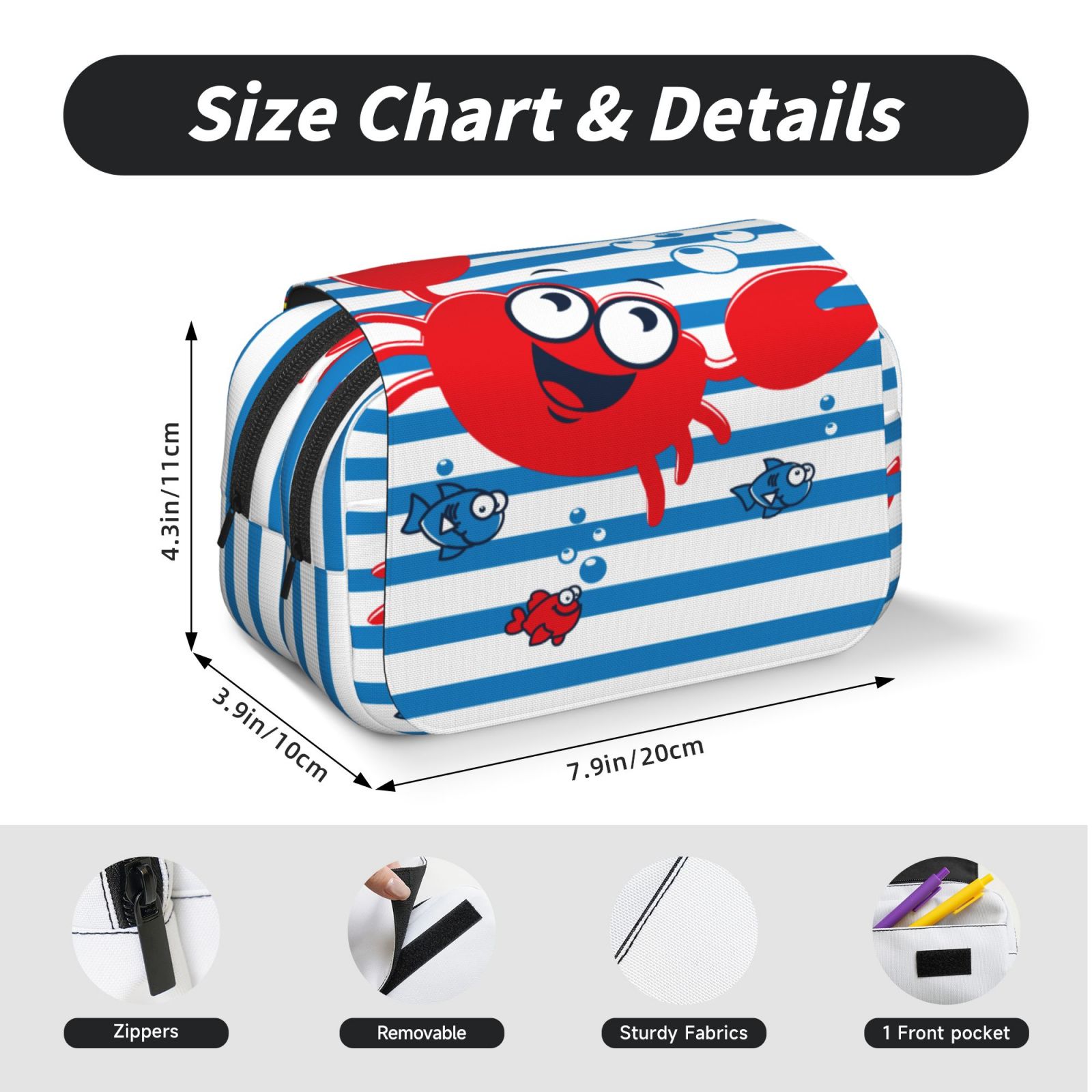 Rateoe Red Funny Crab on Blue Stripe Pattern Double Clamshell Pen Case, Storage Organizer with Two Zipper Compartments– Holds Up to 50 Pencils & Pens