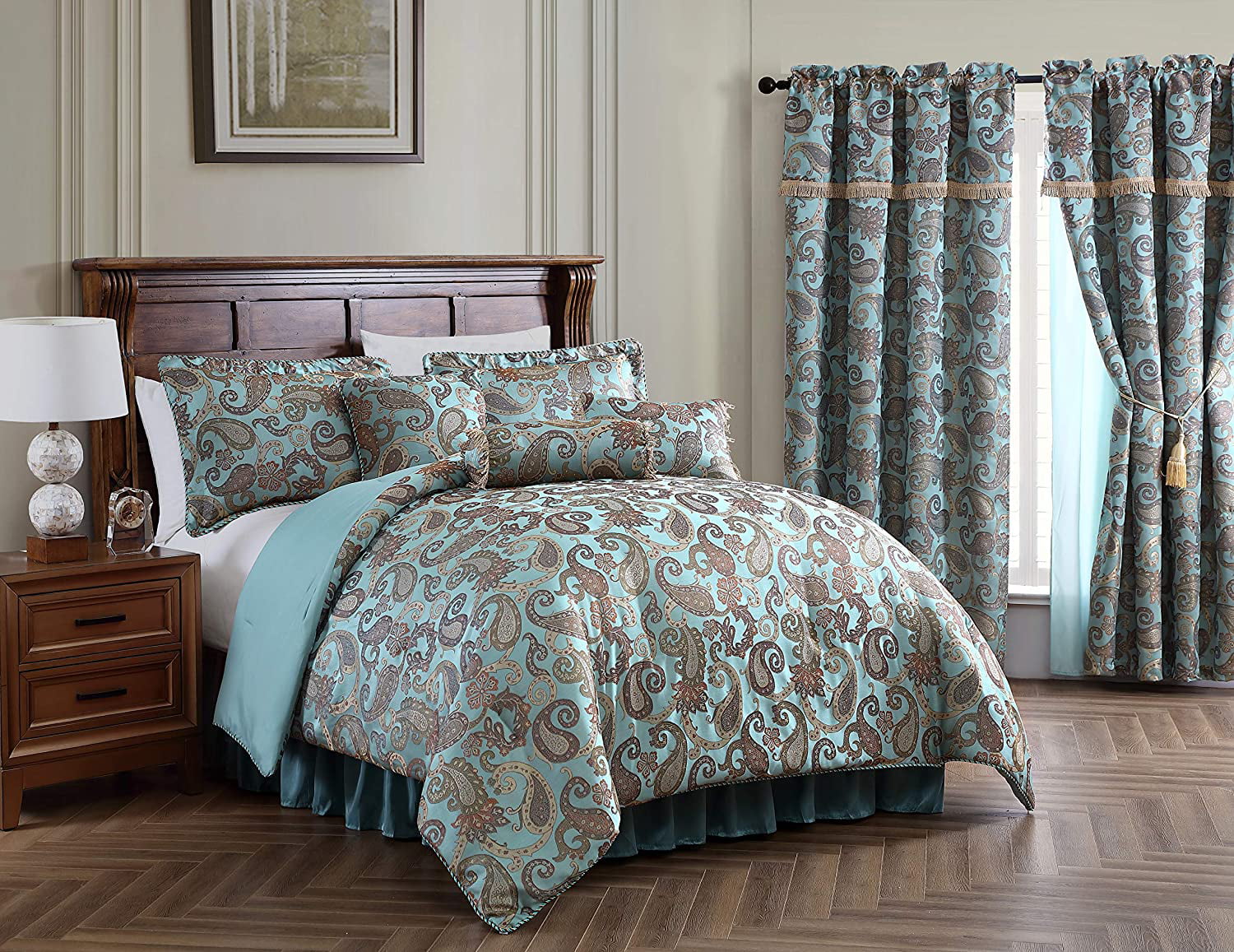 7-Piece Blue Brown Jacquard Woven Paisley Comforter OR 4-Piece Curtain Set 