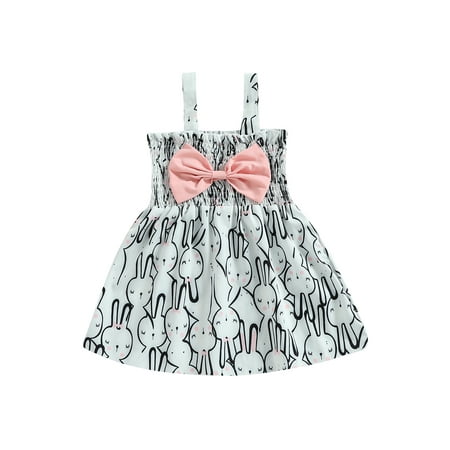 

Easter Cartoon Rabbit Print Baby Girl Dress Off Shoulder Pleated Dress Infant Sleeveless Tube Dress Bowknot Ruffle Sundress