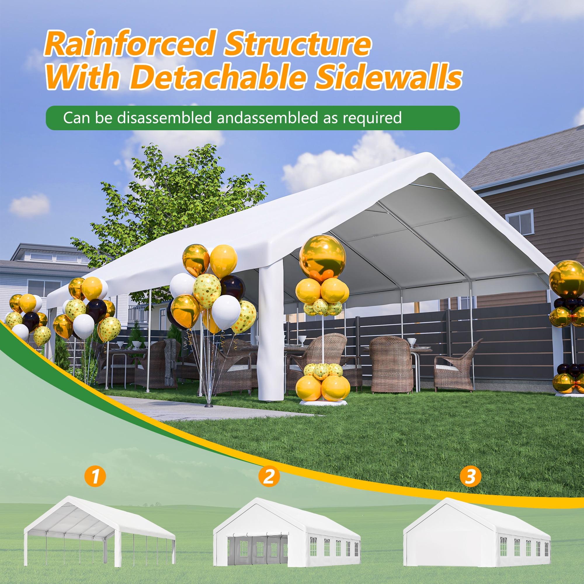 MAYEERTY 20x32FT Party Tent, 3 Storage Bags Removable Sidewalls for Wedding BBQ Camping Carport