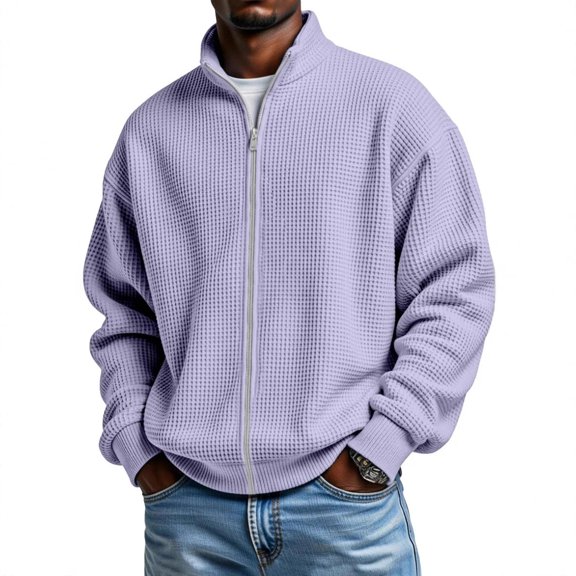 Fgnfyis Jacket for Men Casual Lightweight Textured Stand Collar Zippered Outerwear for Daily Streetwear and Stylish Winter Coats for Men Purple XXL