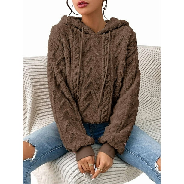 Suéter Holgado de Franela con Capucha para Mujer, Larga y Cálido para Invierno Marrón L