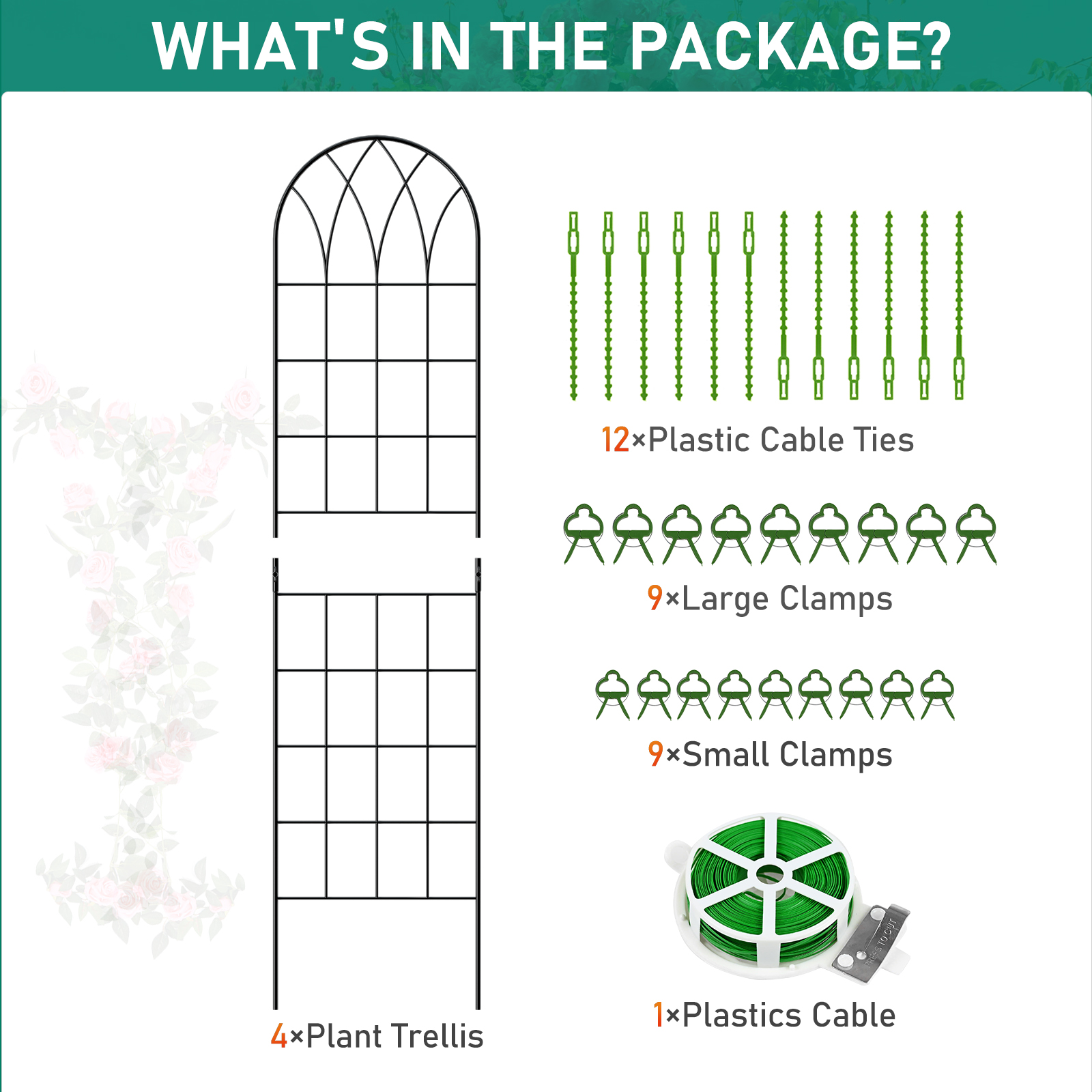 4 Pack Black Garden Trellis for Climbing Plants 60" x 16" Iron Plant Trellis for Potted Plant Support Tall Wall Metal Trellis for Climbing Vegetable Flower Rose Vine Cucumber