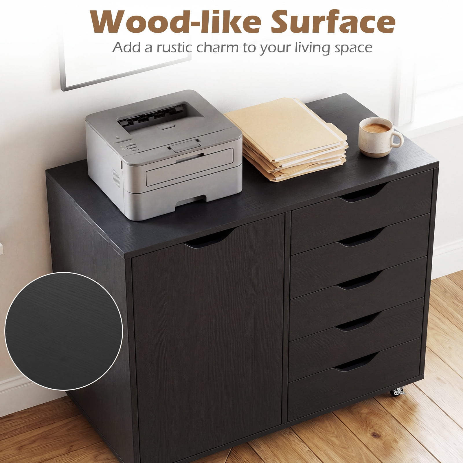 Costway 5-Drawer File Cabinet with Door, Wheels and 5-Level Adjustable Shelf for Home Black
