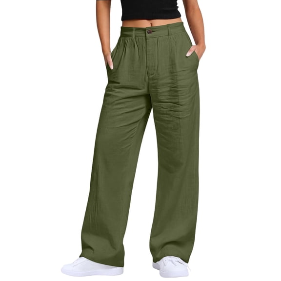 GUACER No Boundarie Cotton Linen Pants for Women, High Waisted Wide Leg Trousers with Button Closure & Pockets Work Pants