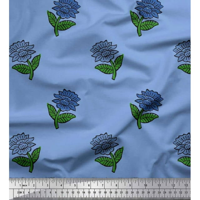 Soimoi Polyester Crepe Fabric Leaves & Floral Block Printed Fabric 1 Yard 52 Inch Wide