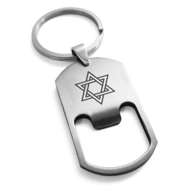 Tioneer Stainless Steel Interlocking Hexagram Star of David Engraved Bottle Opener Dog Tag Keychain Keyring
