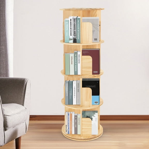 4 Tier Bookshelf Rotating Wood Storage Bookcase 360 Display Floor Stand Cylinder