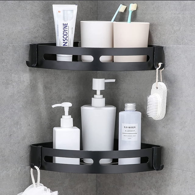 Estantes de esquina para baño, organizador de almacenamiento de cocina, de aluminio, sin perforaciones, con ganchos, color negro