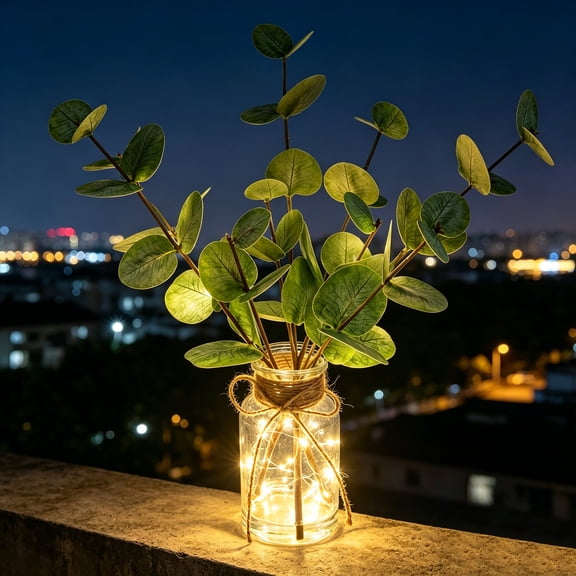 CandWuom Artificial Eucalyptus Stems in Glass Vase with Faux Water, 13.5” Fake Plants Faux Greenery Leaves with Lights, Decorations for Bathroom Home Office Farmhouse Wedding