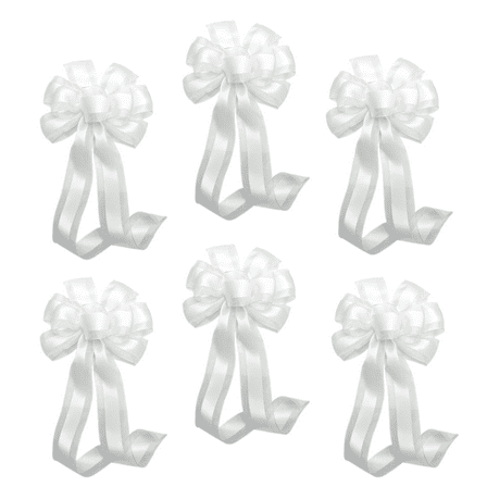 Large 10" White Wedding Pew Bows - Wired Satin Organza Ribbon, 18" Long with Tails, Set of 6, Aisle Decorations, Christmas, Reception, Bridal Shower, Anniversary, Elegant Event