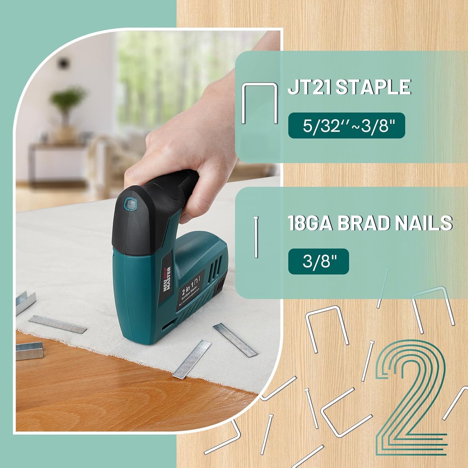 NEU MASTER Electric Staple Gun, 2 in 1 Cordless Staple Gun/Brad Nailer, 4V Electric Stapler with 2000 Staples & Nails, Cable Staple Gun with USB Charger for Wood, Upholstery, Carpentry, Crafts, DIY