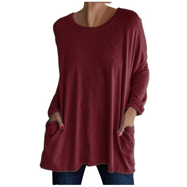 Simua Chandails à Manches Longues Décontractés pour Femmes à Col Rond avec Poche, T-Shirts, Chemisiers, Tunique, Hauts de Style Sweat avec Poche, Bordeaux,L
