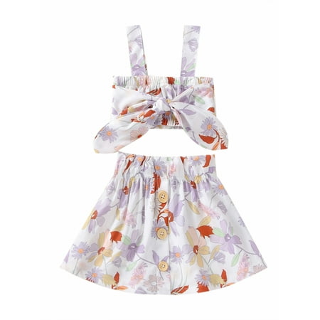 

ZIYIXIN Summer Infant Baby Girls Sweet Clothes Sets 2pcs Flowers Printed Strap Sleeveless Bowknot Vest+A Line Skirts Light Purple 2-3 Years