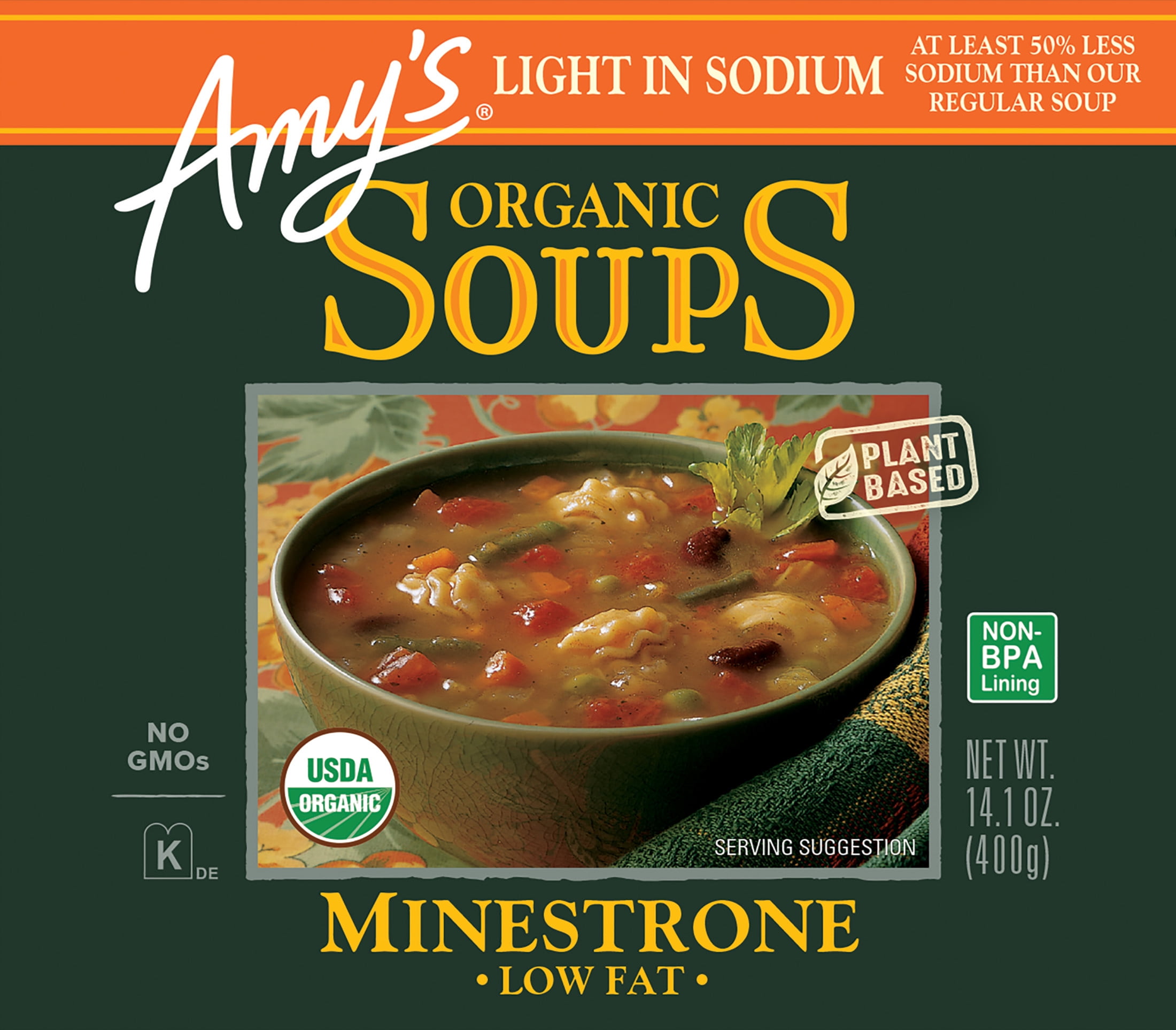 (6 pack) Amy’s Soup, Organic Light in Sodium Minestrone Soup, Made With Organic Vegetables, Canned Soup, 14.1 Oz