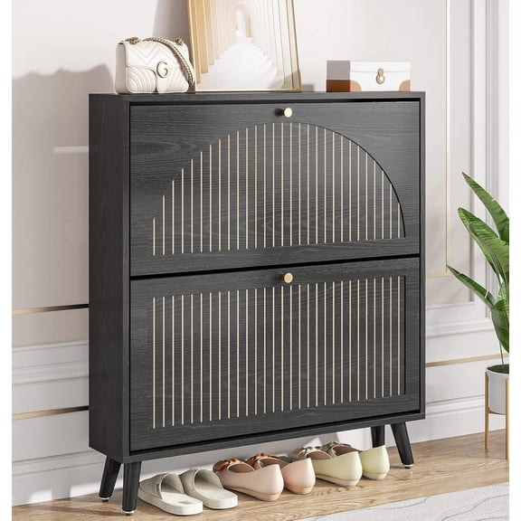 Narrow Freestanding Shoe Storage Cabinet with 2 Flap Doors, Fluted Panel Design, Hidden Organizer for Entryway or Hallway (Black)