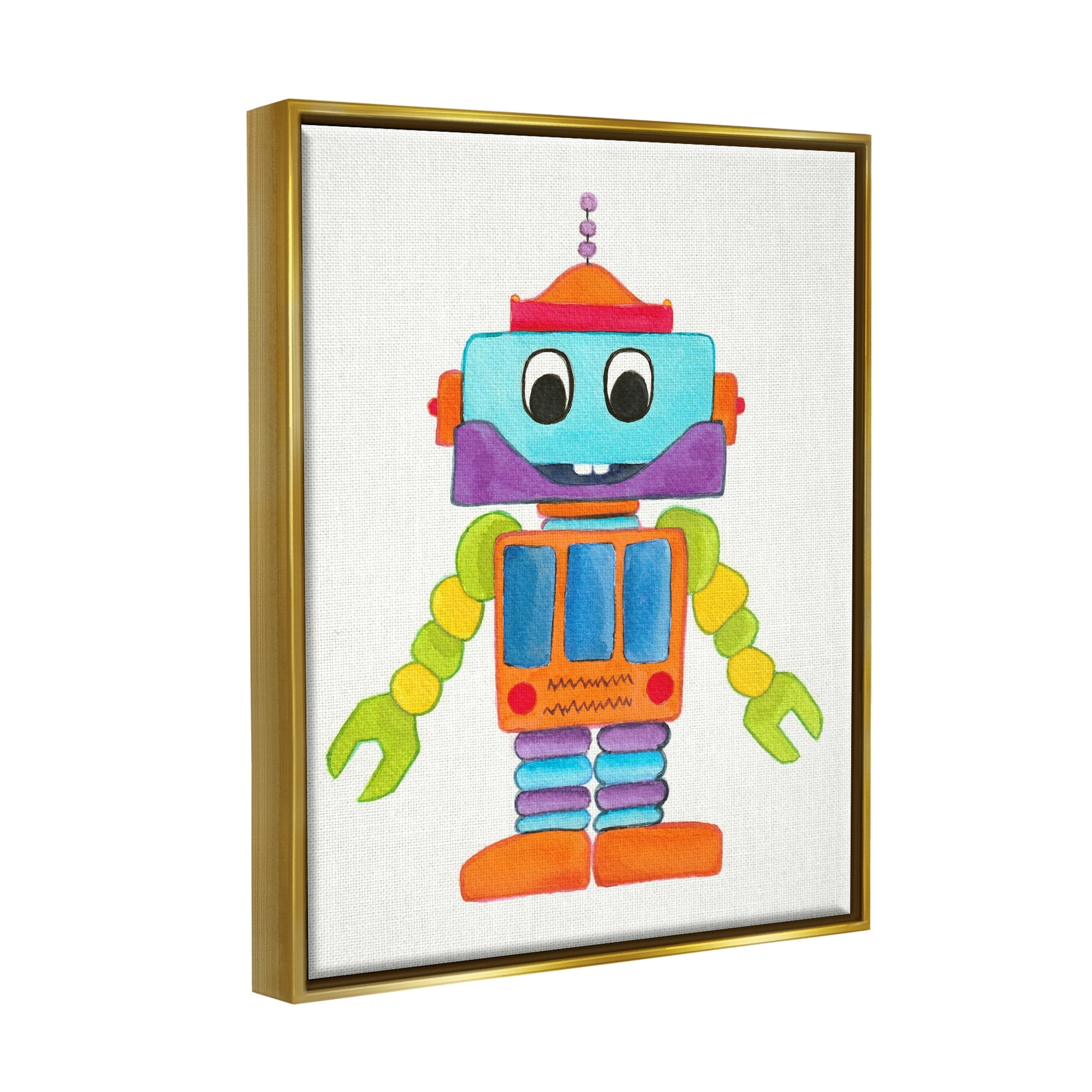 Stupell Industries Bold Smiling Robot Vivid Playful Kids Illustration Painting Metallic Gold Floating Framed Canvas Print Wall Art, Design by Elvira Errico