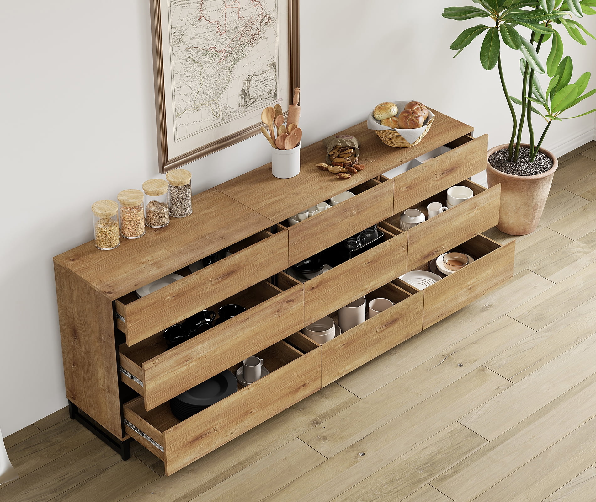 Modern TV Stand For Tvs Up To 90 Inches, 2 In 1 TV Console With 9 Drawers, Media Console With Adjustable Shelf For Living Room, Bedroom,Oak
