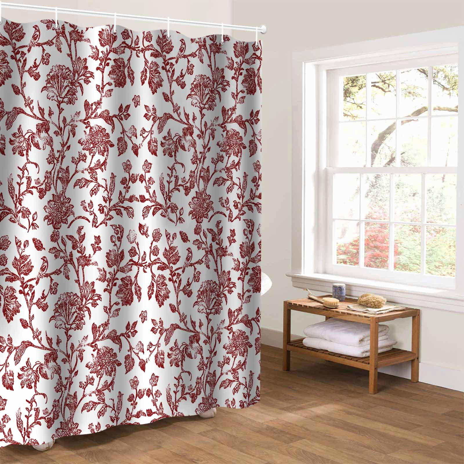 Red Boho Flower Bathroom Curtain 72 Inch Shower Curtain with Hooks, Vintage Paisley Farmhouse Pattern Waterproof Polyester Bath Curtain Washable Bathtub Curtain 48''x 72''