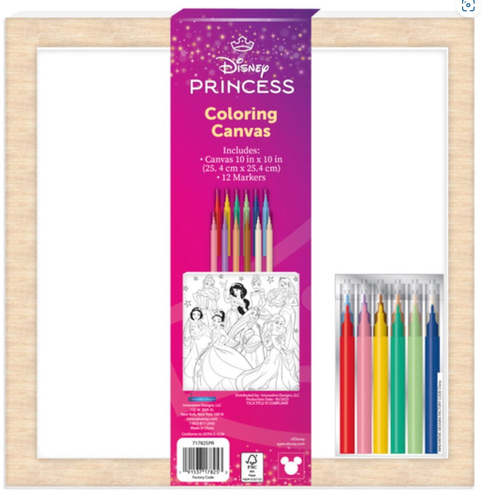 (2 pack) Disney Princess Coloring Art Set, Includes 10-inch x10-inch Canvas and 12 Markers, Unisex, Child, Multi-Color