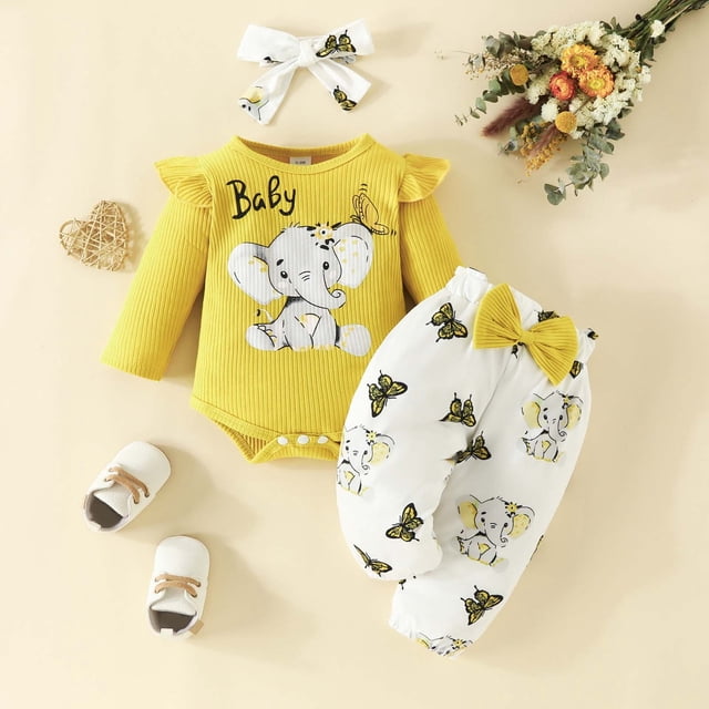 Baby Girls Long Sleeve Ribbed Elephant Print Romper Pants Headband Outfit Soft Comfortable Playwear Baby Girl Clothes and Shoes Shy Girl Clothes First Birth Outfit Girl Checke Top and Bottom Dress Set