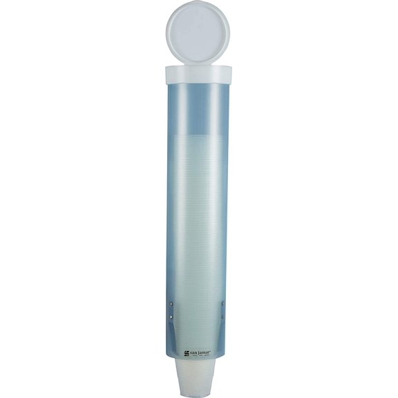 San Jamar Medium Pull-Type Cup Dispenser 4-10 Oz. Cups with Flip Cap for Restaurants, Home, And Office, Plastic, 16 Inches, Frosted Blue