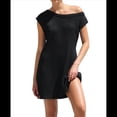 thumbnail image 1 of Vestido Mini de Punto Elástico con Hombros Descubiertos y Mangas para Mujer, Vestido Holgado para Vacaciones, Atuendo Liso. Negro M, 1 of 7