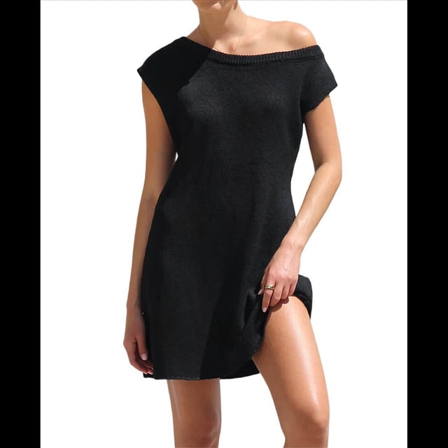 Vestido Mini de Punto Elástico con Hombros Descubiertos y Mangas para Mujer, Vestido Holgado para Vacaciones, Atuendo Liso. Negro M