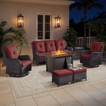 Bellefurn 7 Pieces Patio Furniture Sets with Fire Pit Table and Swivel Rocking Chairs,High-Back Rattan Patio Outdoor Conversation Set with 3-Seat Sofa,Ottoman & Side Table for Porch Backyard