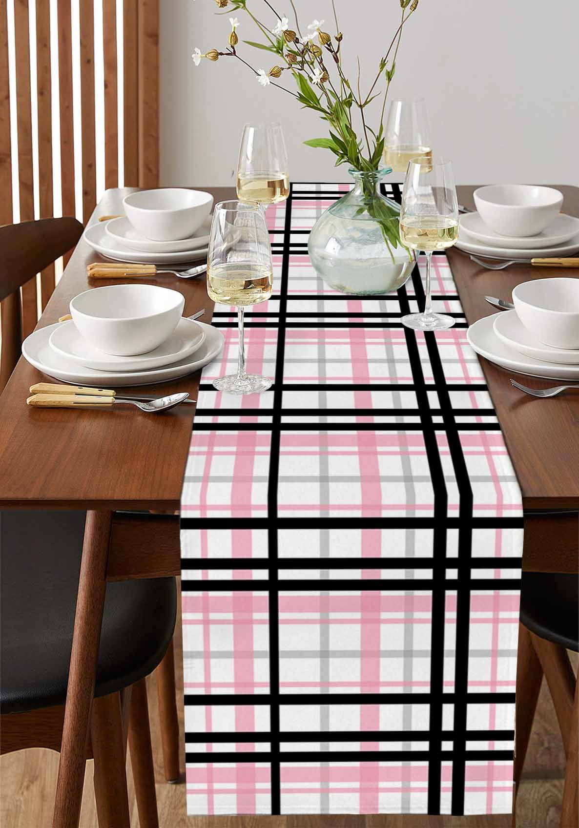 Ldtrchee Pink Black Plaid Table Runner 108 Inches, Farmhouse Pink Black Checkered Bed Runner Dresser Scarves Tabletop for Indoor Outdoor Parties/Ceremony/Banquet, 13"x 108"