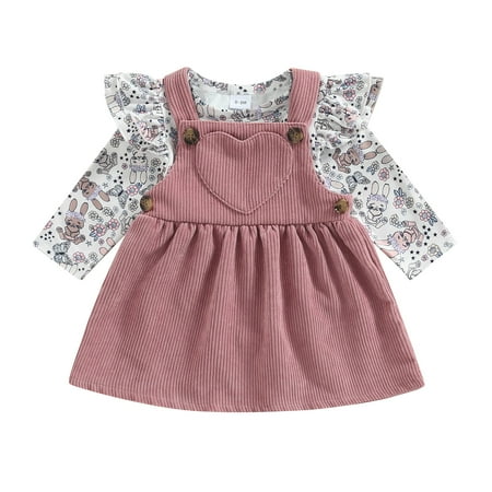 

Blotona Toddle Baby Girls Corduroy Dress 2Pcs Set Long Sleeve Rabbit Flower Print Romper + Heart Patchwork Suspender Dress